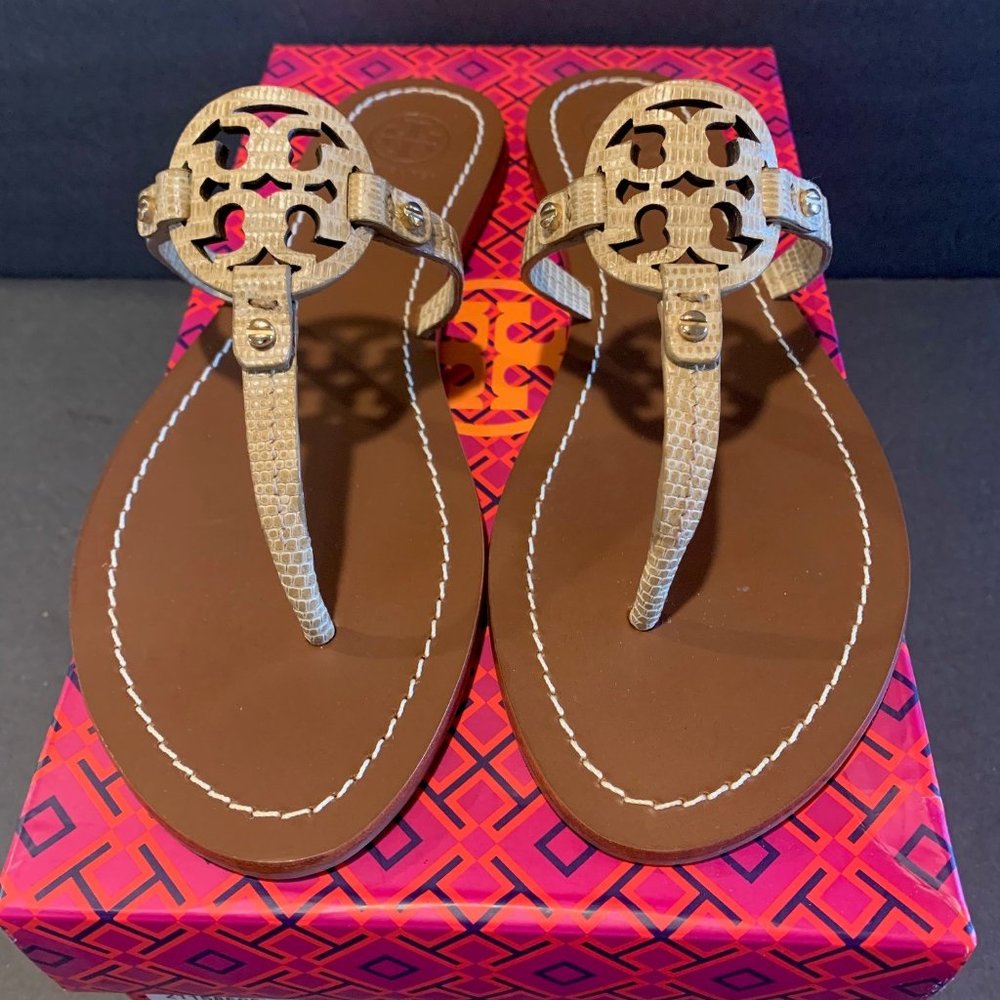 Tory Burch NEW Women's Trench Tan, Mini Miller, Micro Tejus Print Thong.  7.5